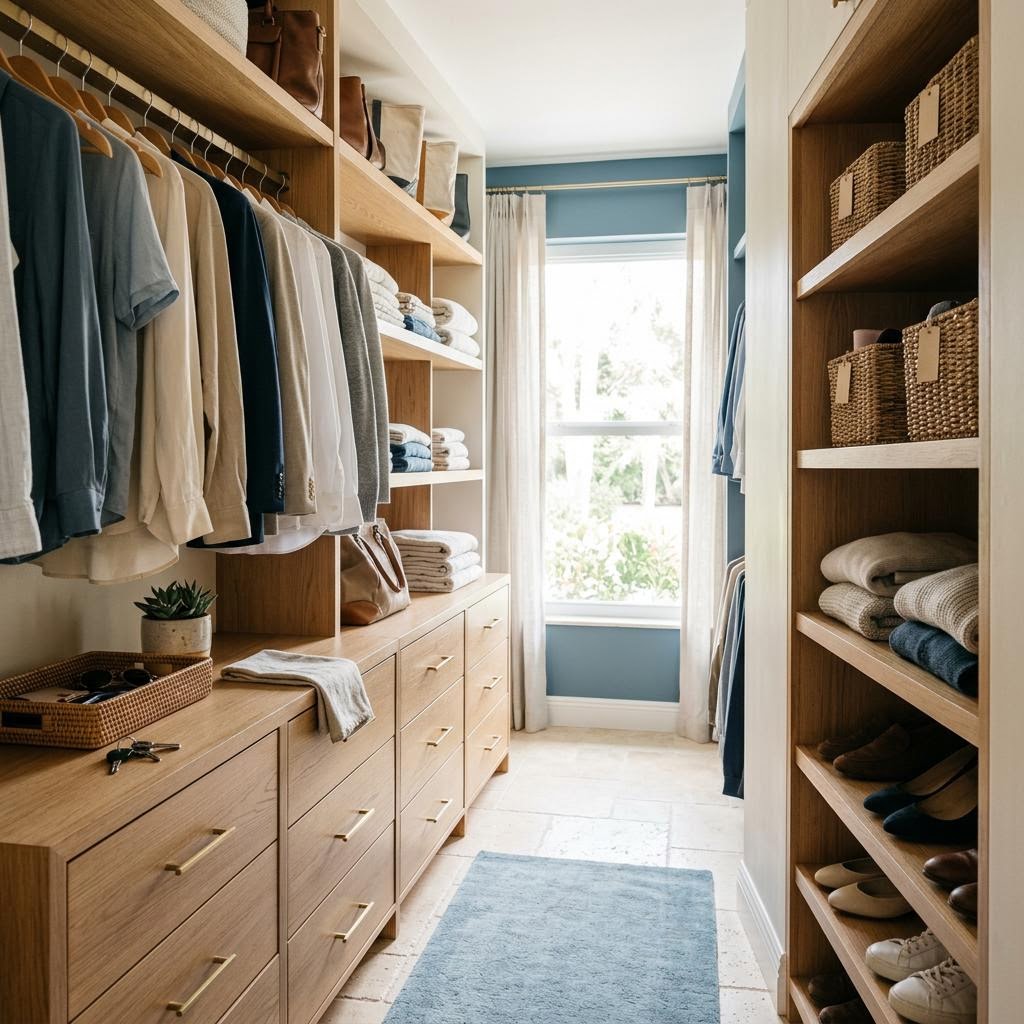 Concept image of a thoughtfully organized walk-in closet with oak shelving and drawers