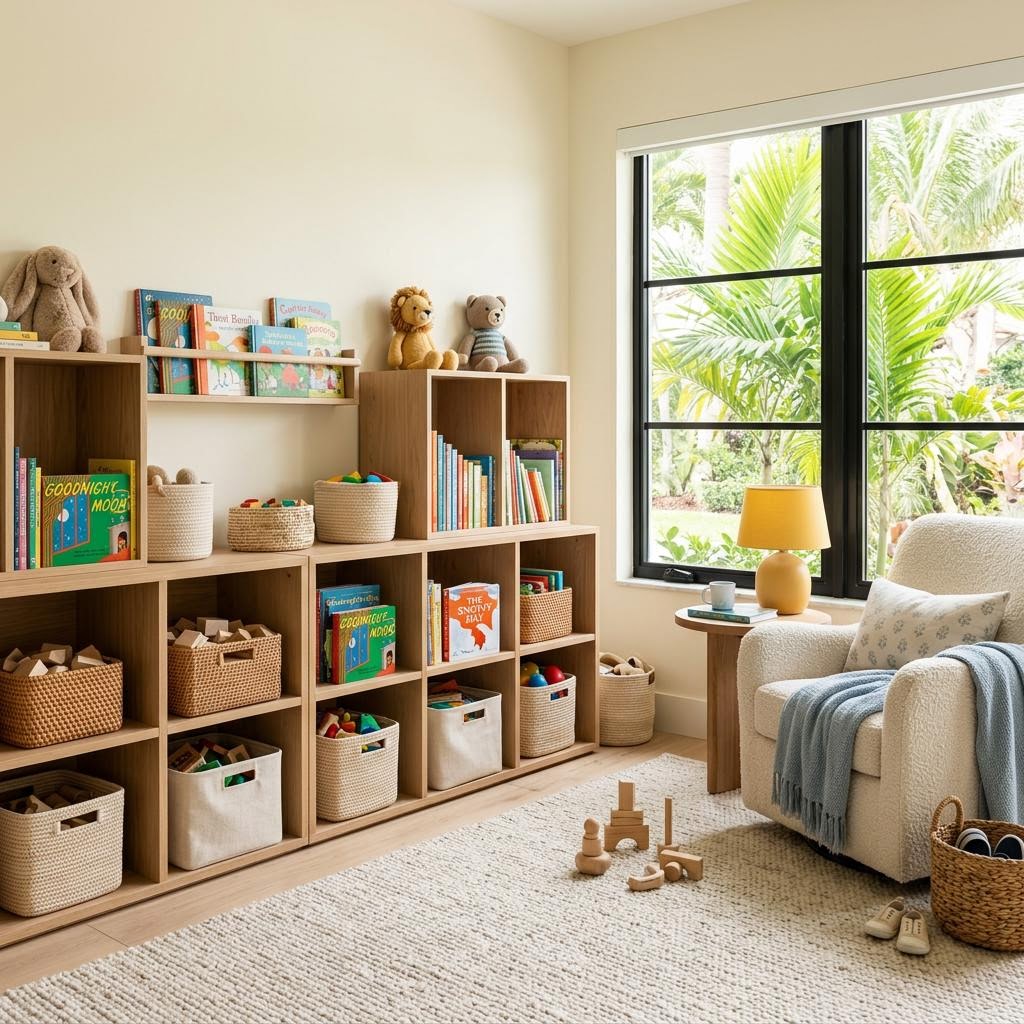 Concept image of an organized children's playroom with easy-to-reach storage