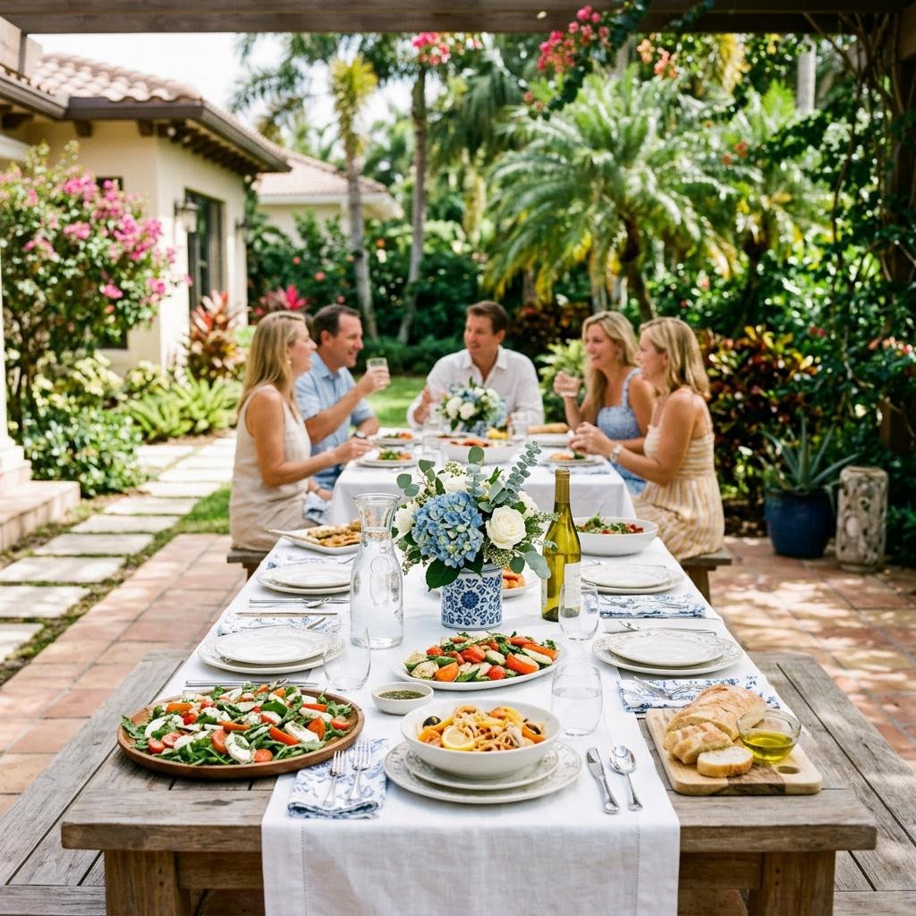 A welcoming outdoor table ready for a backyard celebration