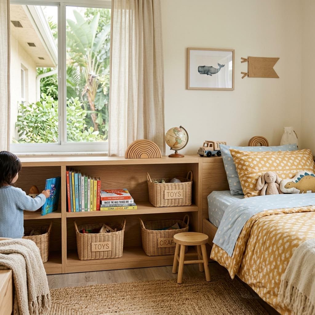 A children's room with books and toys thoughtfully organized